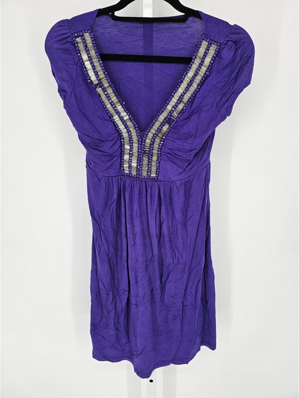 Vtg Y2K soprano Womens Sz M Above Knee Babydoll Dress Purple w/ Silver Beads